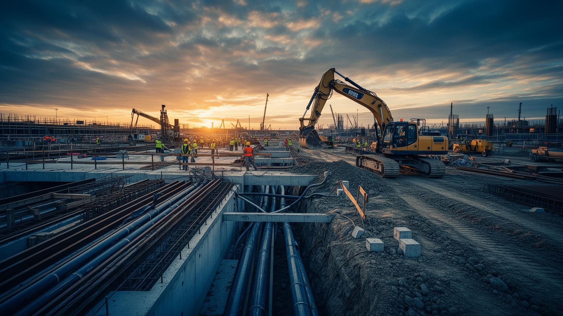 Civil construction site with excavator and exposed utilities
